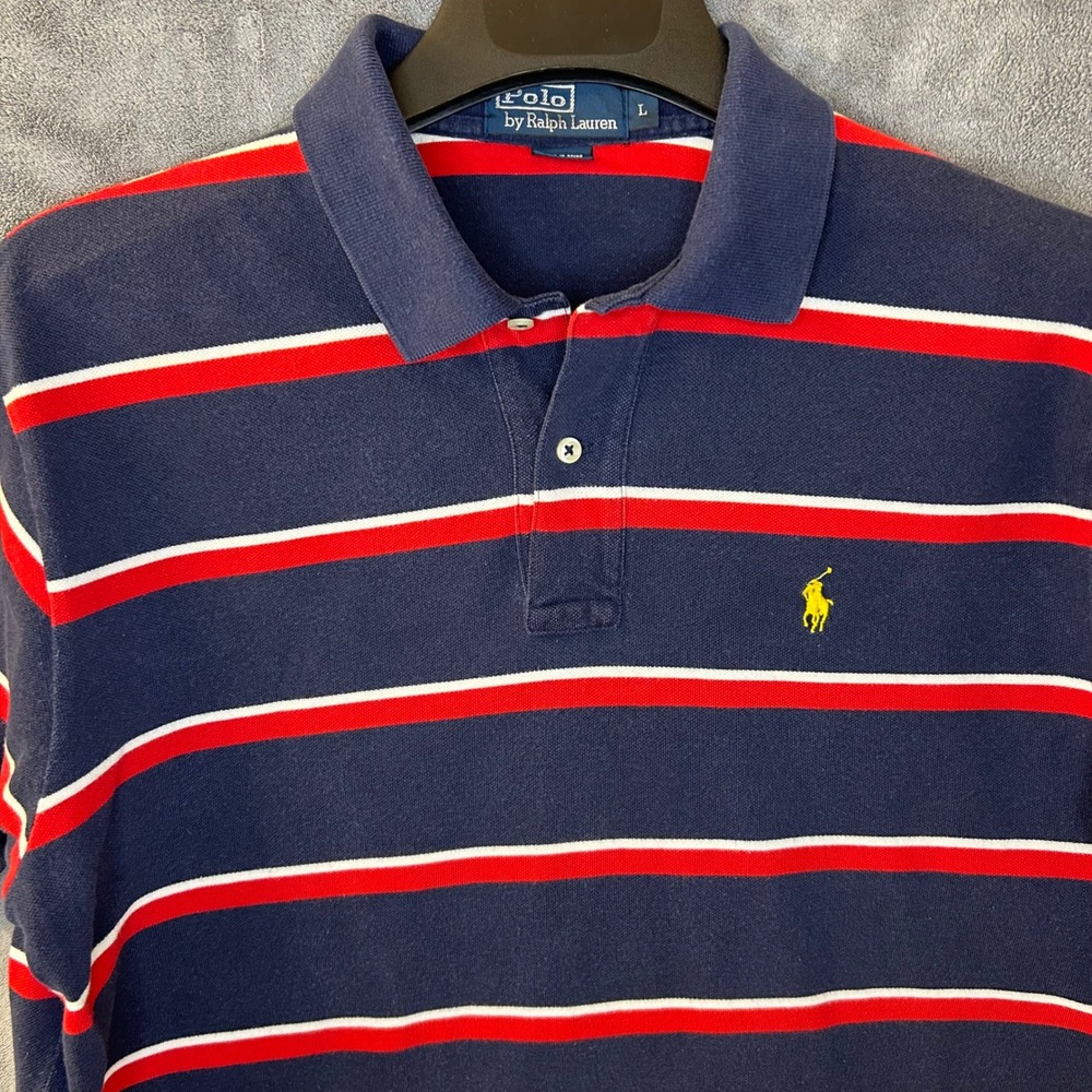 Polo Ralph Lauren Mens Large Navy Blue Red White Striped Short Sleeve Polo Shirt